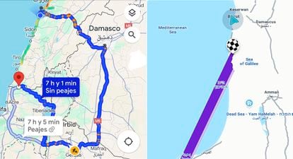 Capturas de la pantalla de los servicios de navegación (Google Maps y Waze) en el norte de Israel, que se ubican erróneamente en Líbano o Egipto o borran las localidades, debido a las interferencias que provocaron la intervención para complicar los ataques.